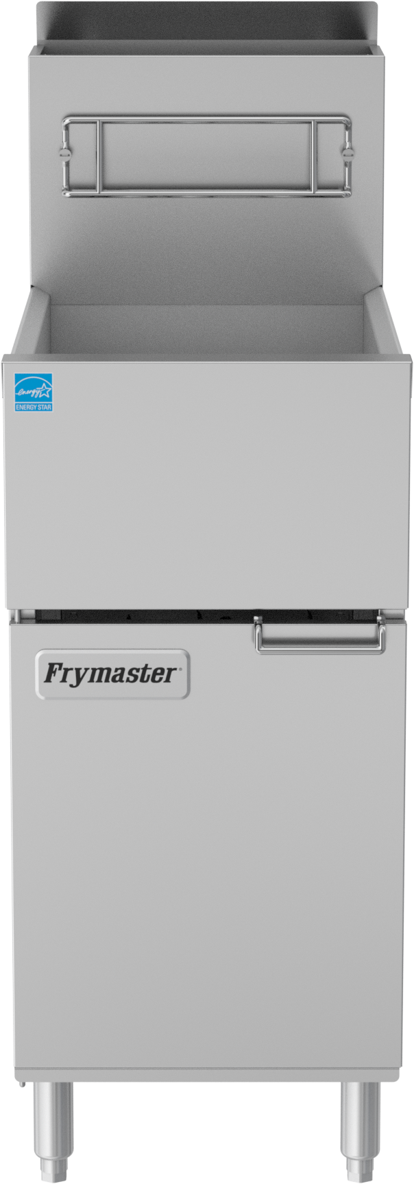 Frymaster ESG35T stainless steel gas floor fryer, front view with doors closed and basket hanger visible