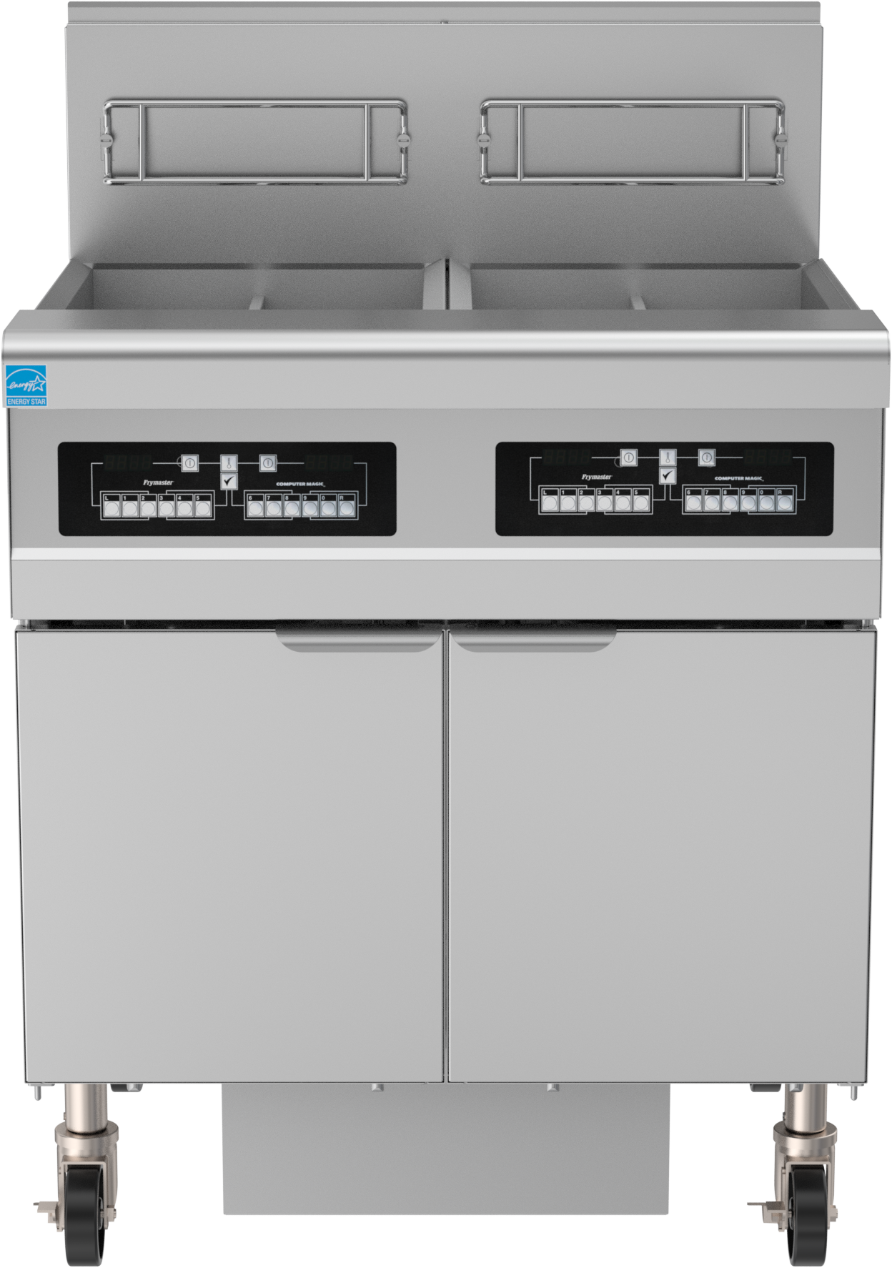 Frymaster H55 series gas floor fryer with CM3.5 controls, stainless steel cabinet, and casters